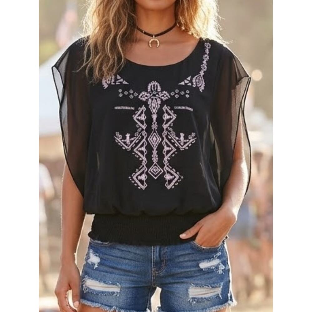 DOTS Black Aztec Tribal Print Sleeveless Boho Blouse, Size S